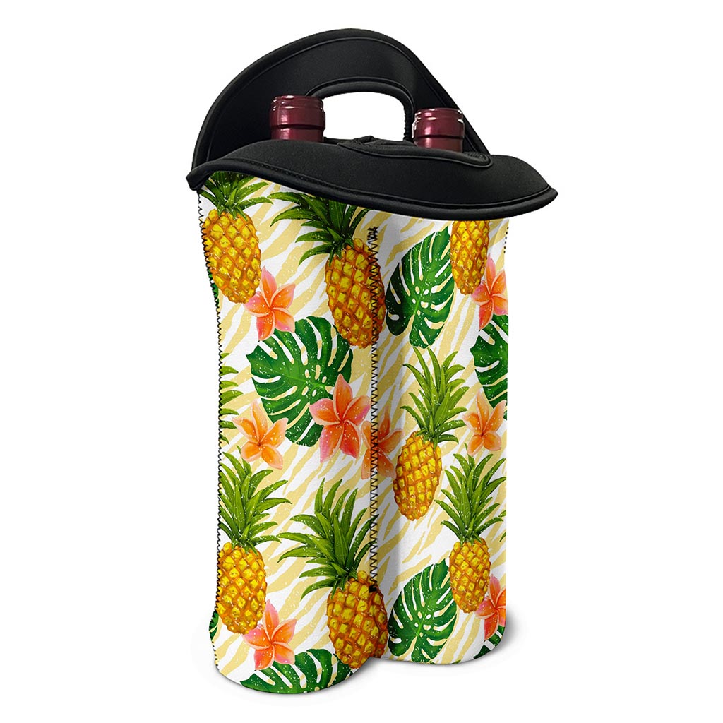 Beige Zebra Pineapple Pattern Print Double Neoprene Wine Tote