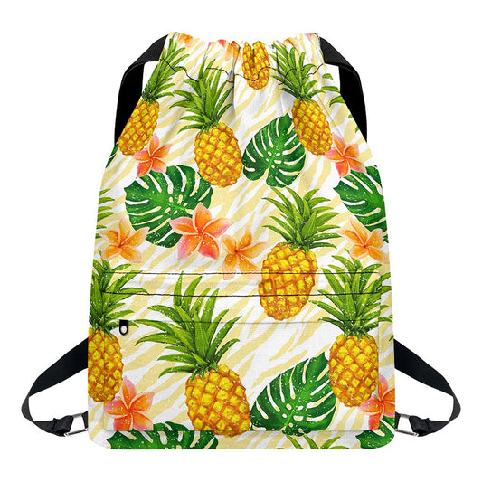 Beige Zebra Pineapple Pattern Print Drawstring Backpack
