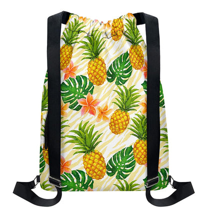 Beige Zebra Pineapple Pattern Print Drawstring Backpack