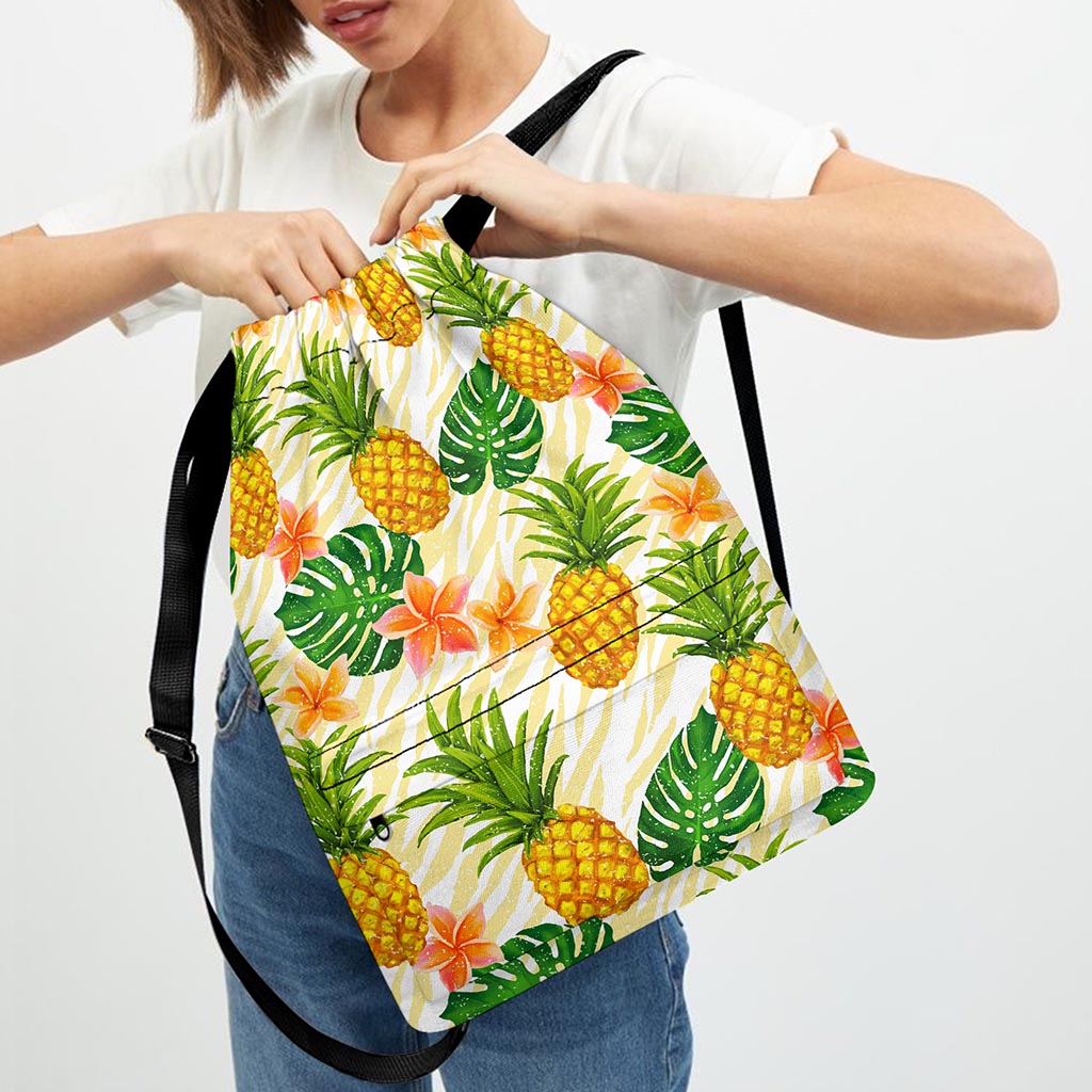 Beige Zebra Pineapple Pattern Print Drawstring Backpack