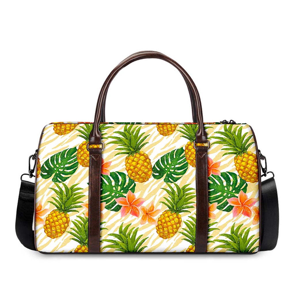 Beige Zebra Pineapple Pattern Print Duffle Bag
