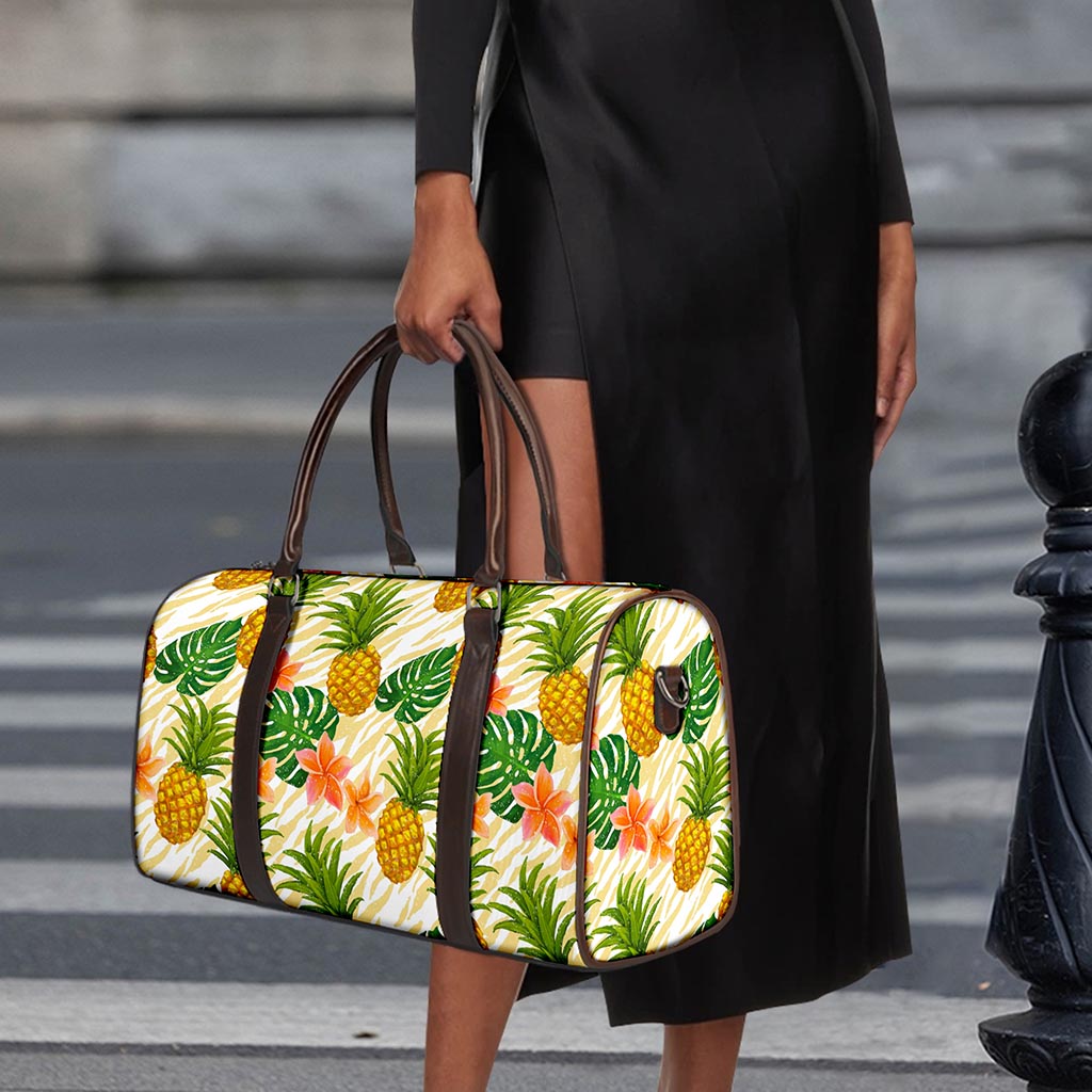 Beige Zebra Pineapple Pattern Print Duffle Bag