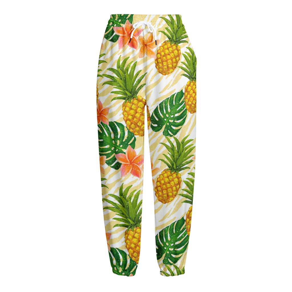 Beige Zebra Pineapple Pattern Print Fleece Lined Knit Pants