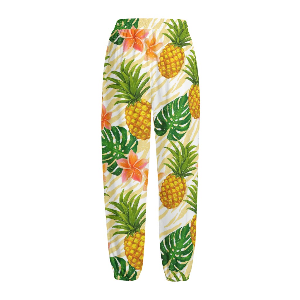 Beige Zebra Pineapple Pattern Print Fleece Lined Knit Pants