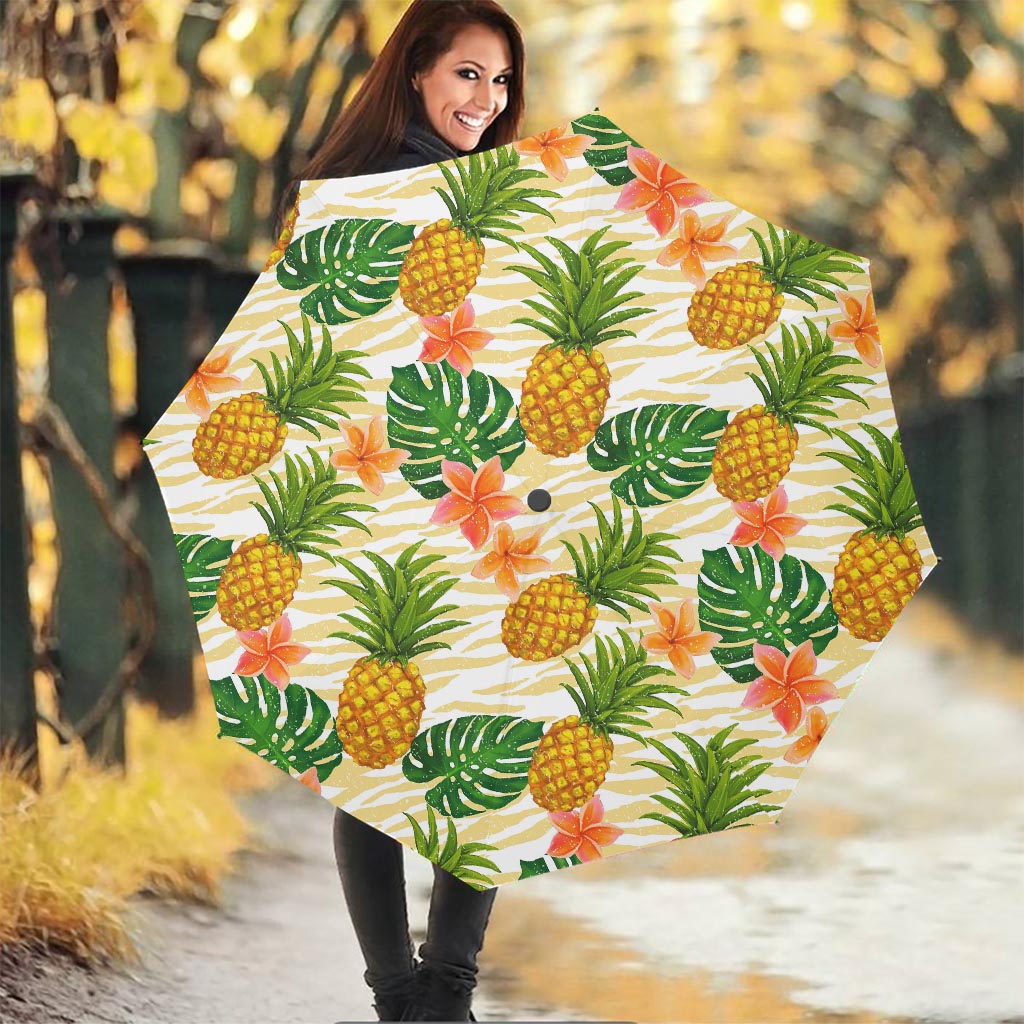 Beige Zebra Pineapple Pattern Print Foldable Umbrella
