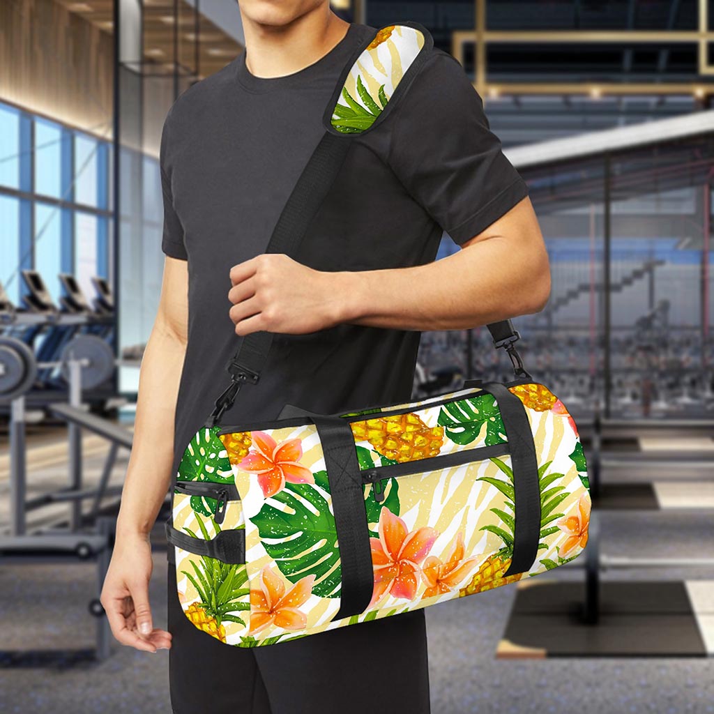 Beige Zebra Pineapple Pattern Print Gym Bag