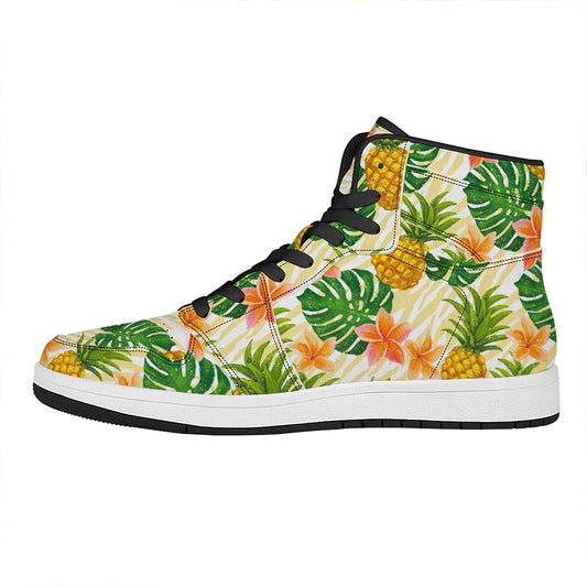 Beige Zebra Pineapple Pattern Print High Top Leather Sneakers