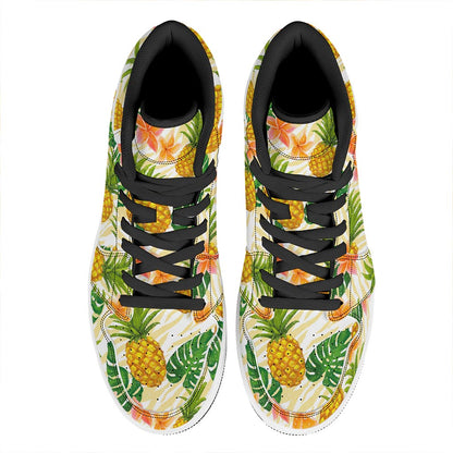 Beige Zebra Pineapple Pattern Print High Top Leather Sneakers