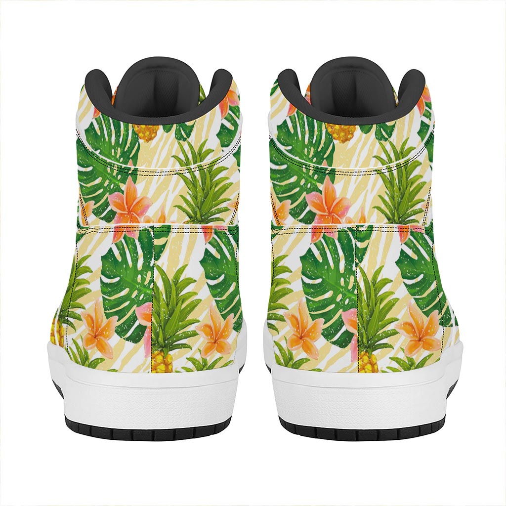Beige Zebra Pineapple Pattern Print High Top Leather Sneakers