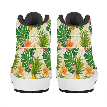 Beige Zebra Pineapple Pattern Print High Top Leather Sneakers