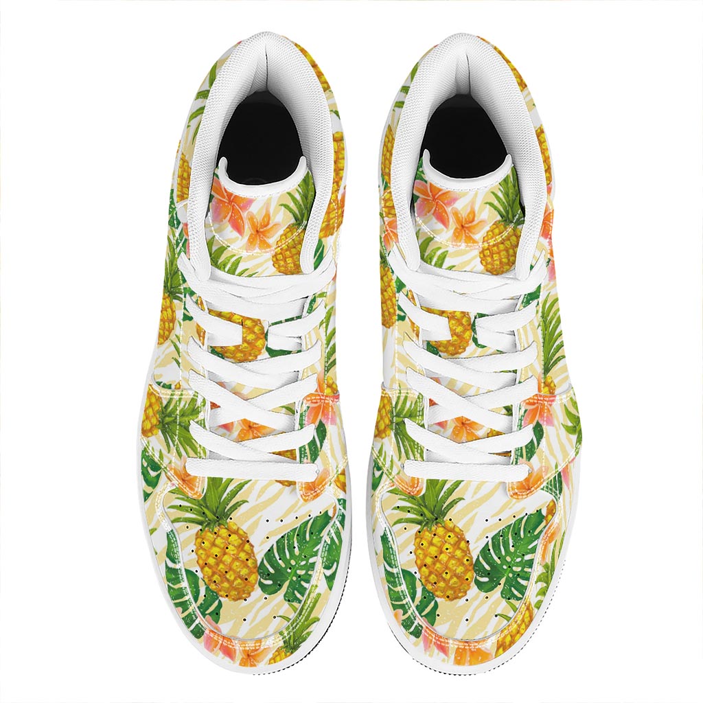Beige Zebra Pineapple Pattern Print High Top Leather Sneakers
