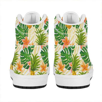 Beige Zebra Pineapple Pattern Print High Top Leather Sneakers