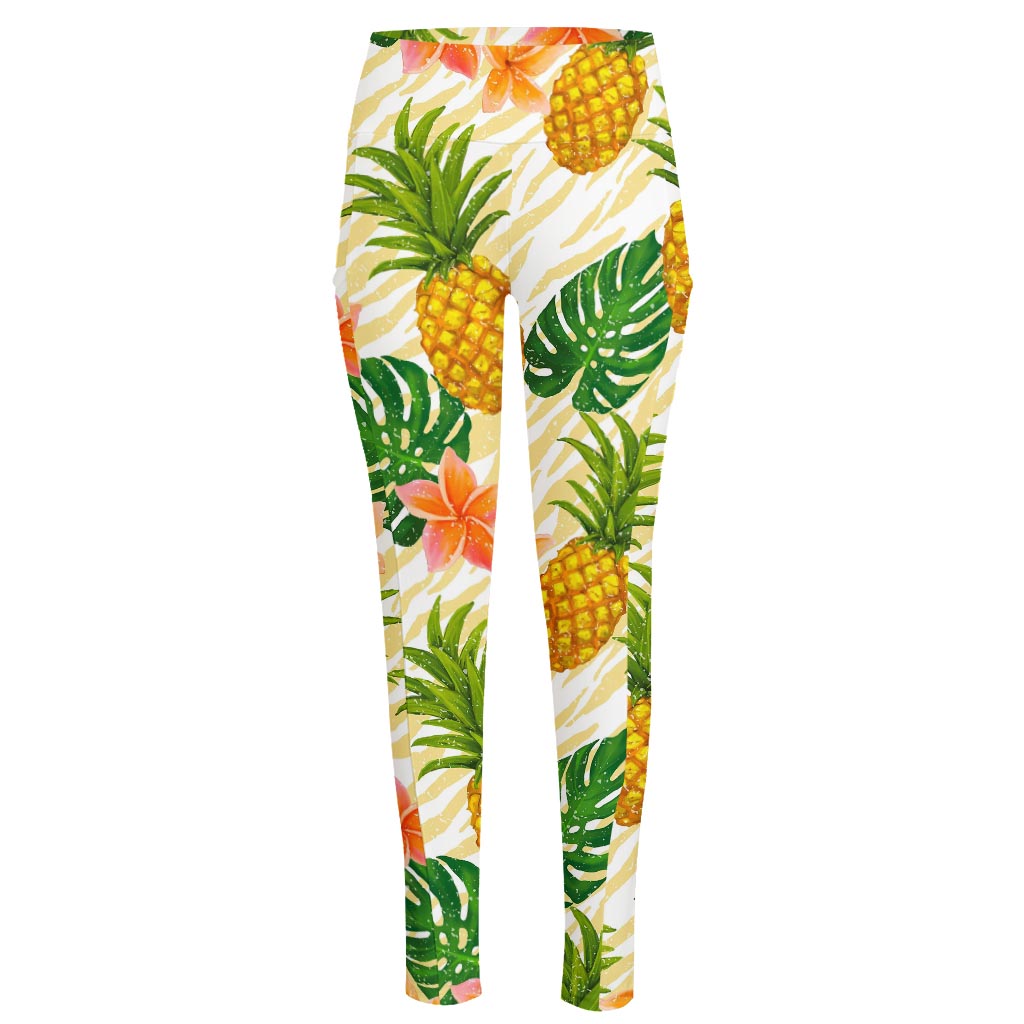 Beige Zebra Pineapple Pattern Print High-Waisted Pocket Leggings