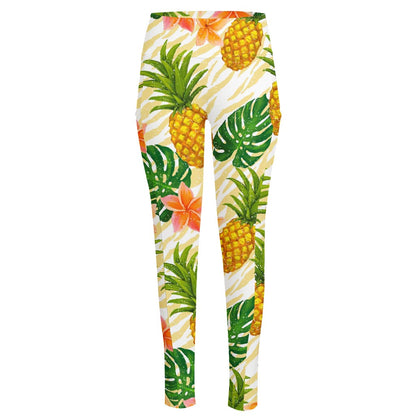 Beige Zebra Pineapple Pattern Print High-Waisted Pocket Leggings