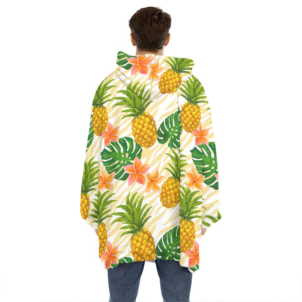 Beige Zebra Pineapple Pattern Print Hoodie Blanket