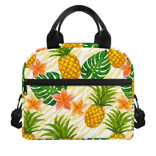 Beige Zebra Pineapple Pattern Print Insulated Lunch Bag