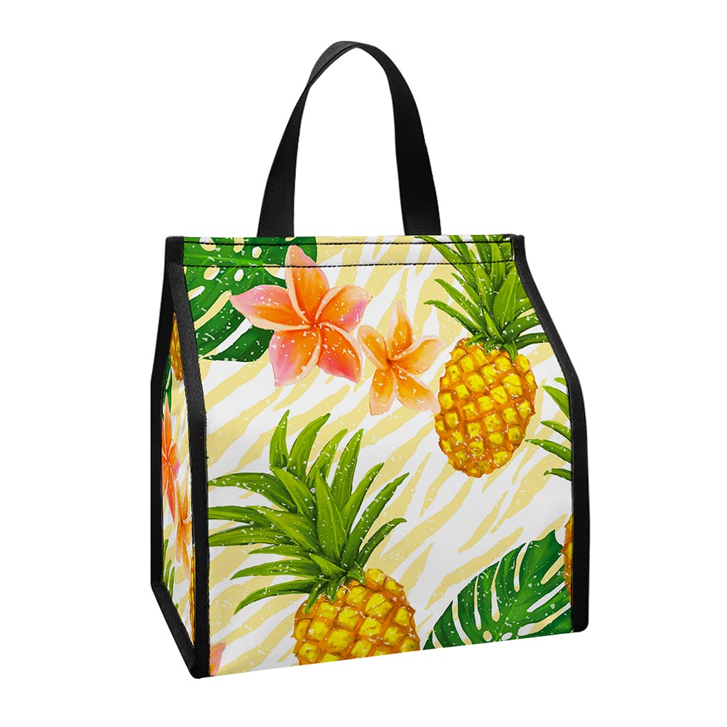 Beige Zebra Pineapple Pattern Print Insulated Lunch Tote