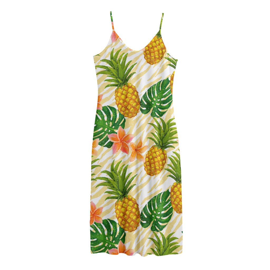 Beige Zebra Pineapple Pattern Print Jersey Midi Cami Dress