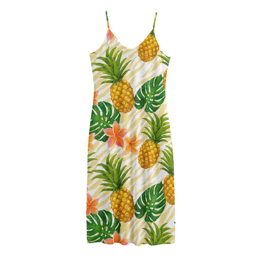 Beige Zebra Pineapple Pattern Print Jersey Midi Cami Dress