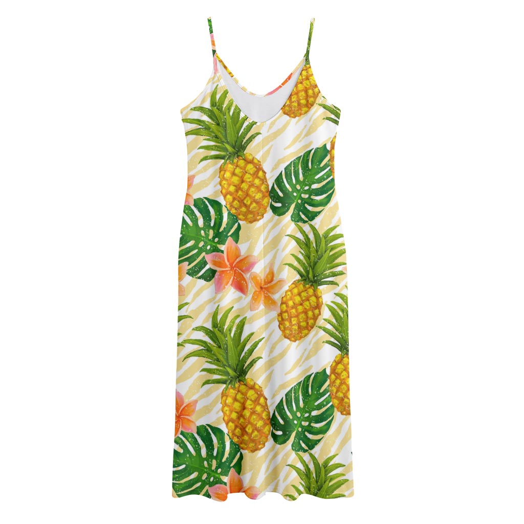 Beige Zebra Pineapple Pattern Print Jersey Midi Cami Dress