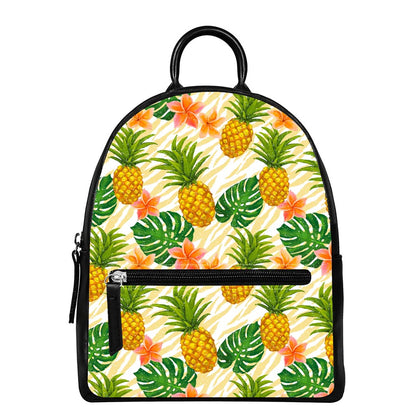 Beige Zebra Pineapple Pattern Print Leather Backpack
