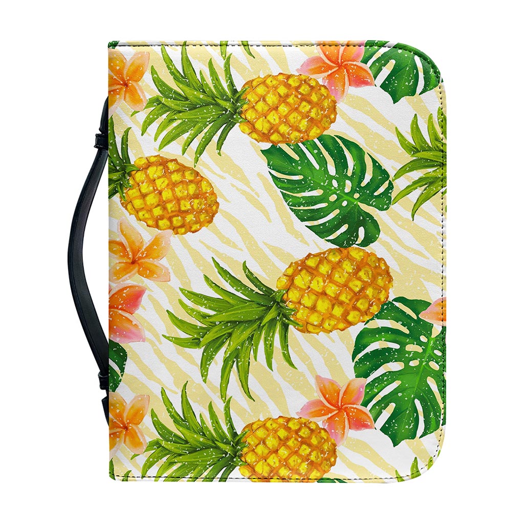 Beige Zebra Pineapple Pattern Print Leather Bible Cover