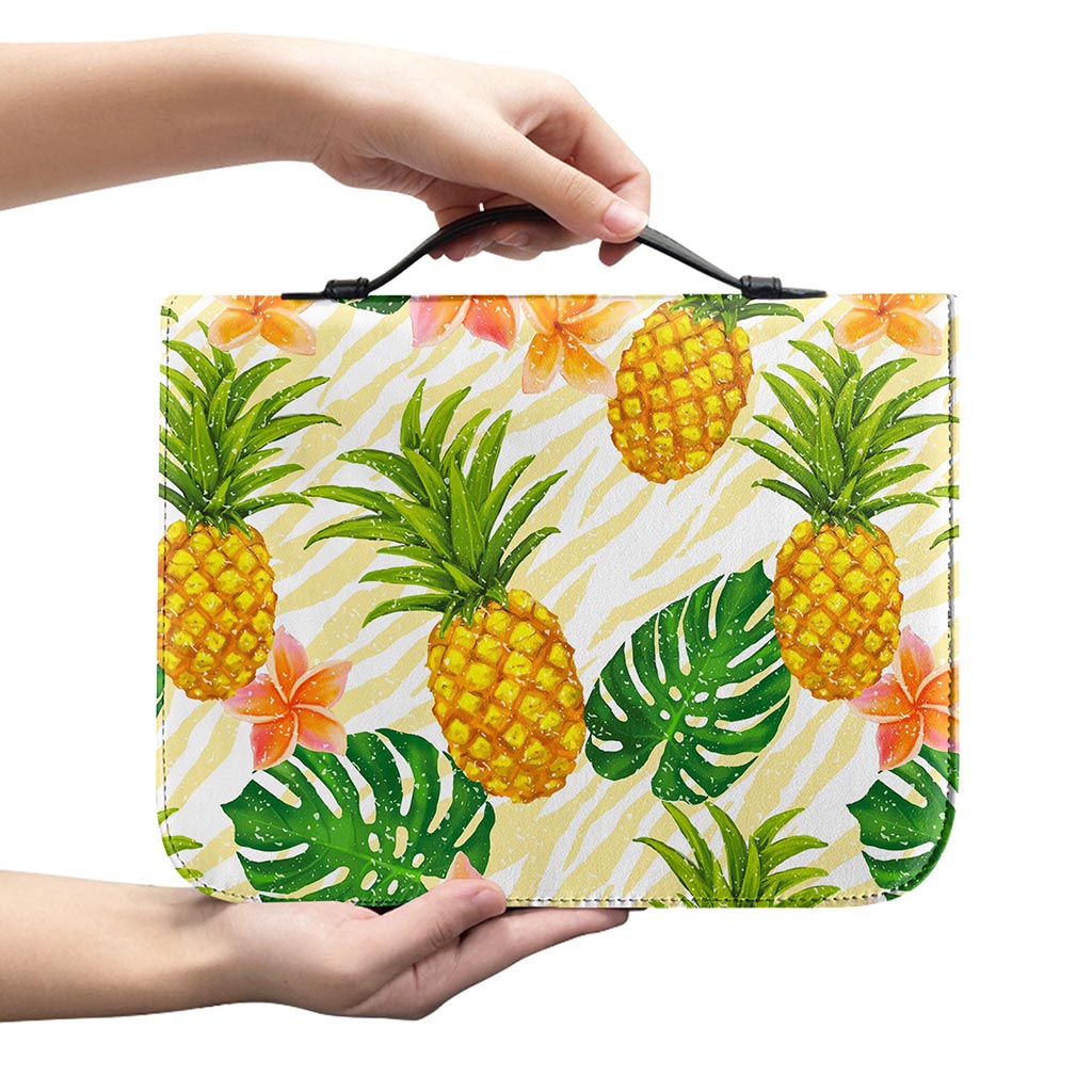 Beige Zebra Pineapple Pattern Print Leather Bible Cover