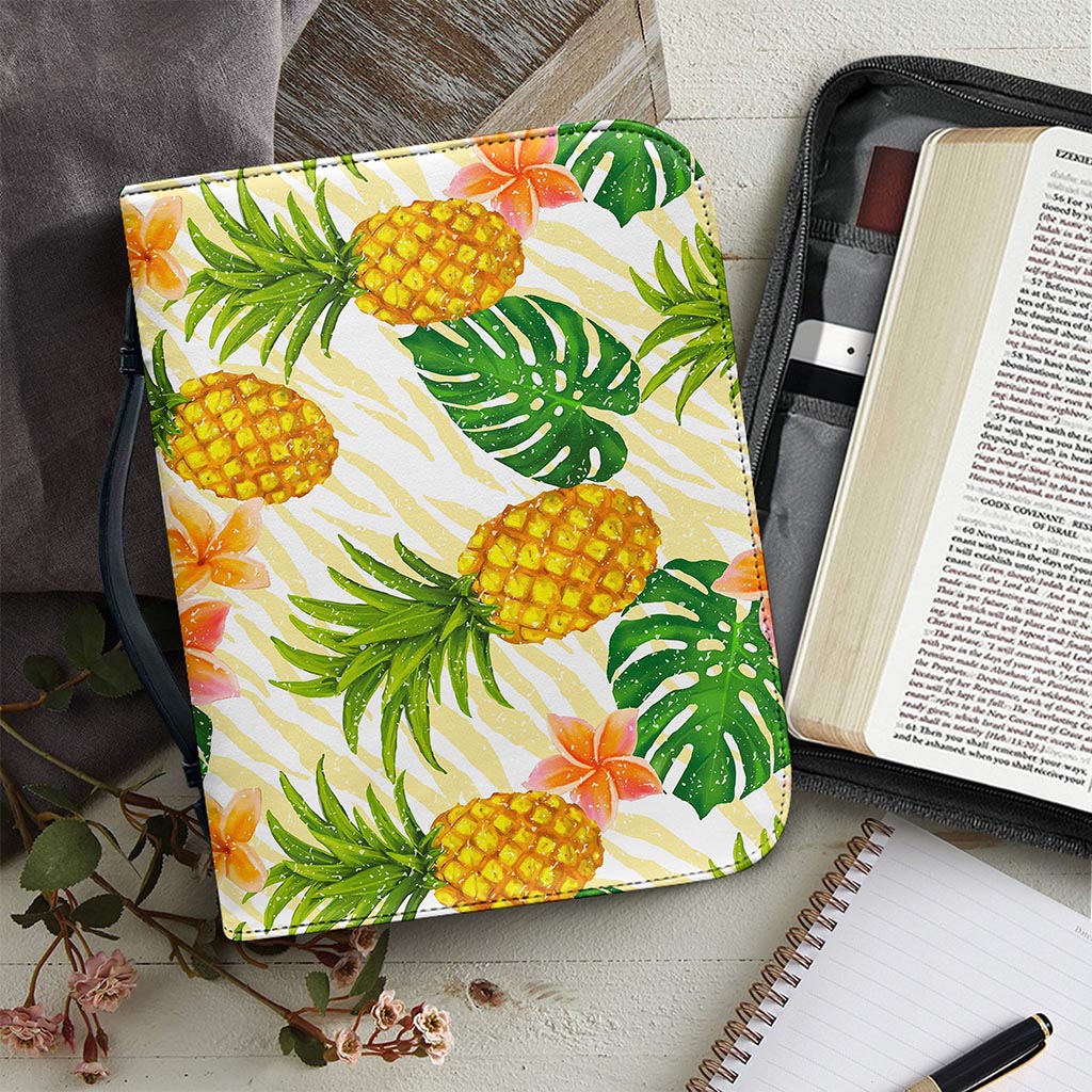 Beige Zebra Pineapple Pattern Print Leather Bible Cover
