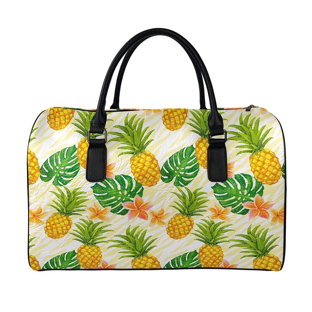 Beige Zebra Pineapple Pattern Print Leather Duffle Bag