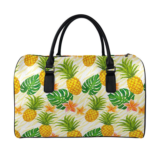 Beige Zebra Pineapple Pattern Print Leather Duffle Bag