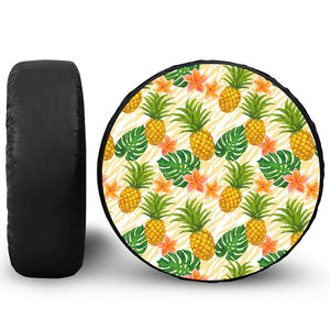 Beige Zebra Pineapple Pattern Print Leather Spare Tire Cover