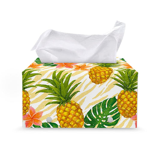 Beige Zebra Pineapple Pattern Print Leather Tissue Box Cover