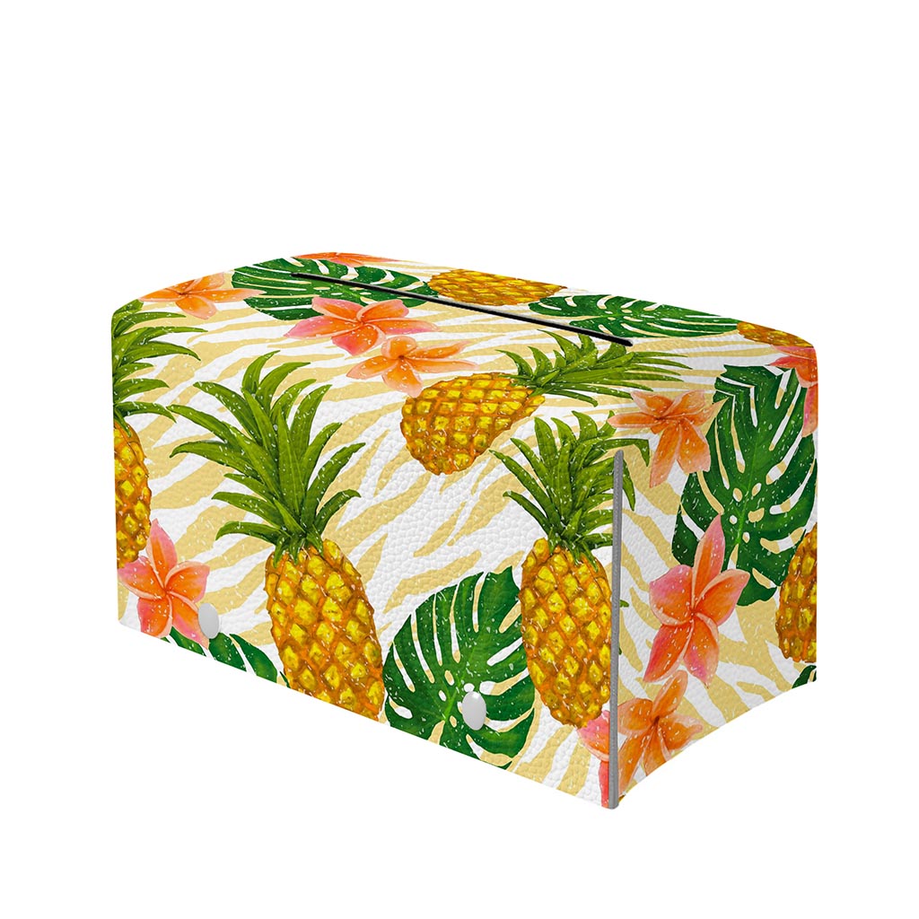 Beige Zebra Pineapple Pattern Print Leather Tissue Box Cover