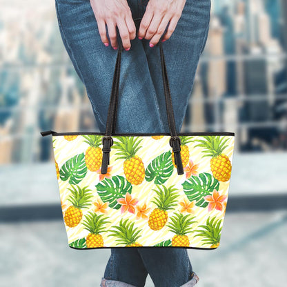 Beige Zebra Pineapple Pattern Print Leather Tote Bag