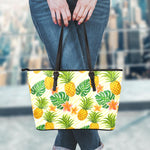 Beige Zebra Pineapple Pattern Print Leather Tote Bag