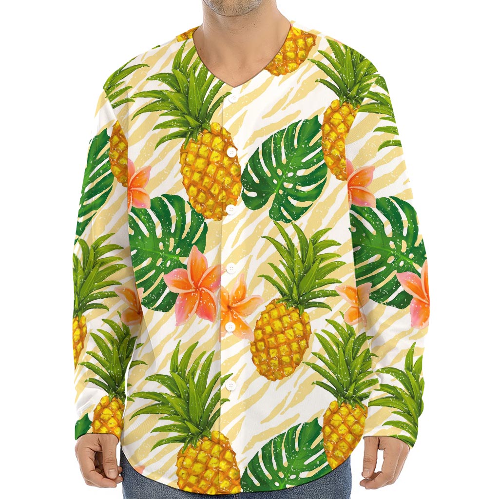 Beige Zebra Pineapple Pattern Print Long Sleeve Baseball Jersey