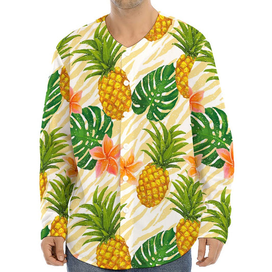 Beige Zebra Pineapple Pattern Print Long Sleeve Baseball Jersey