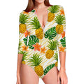 Beige Zebra Pineapple Pattern Print Long Sleeve Swimsuit