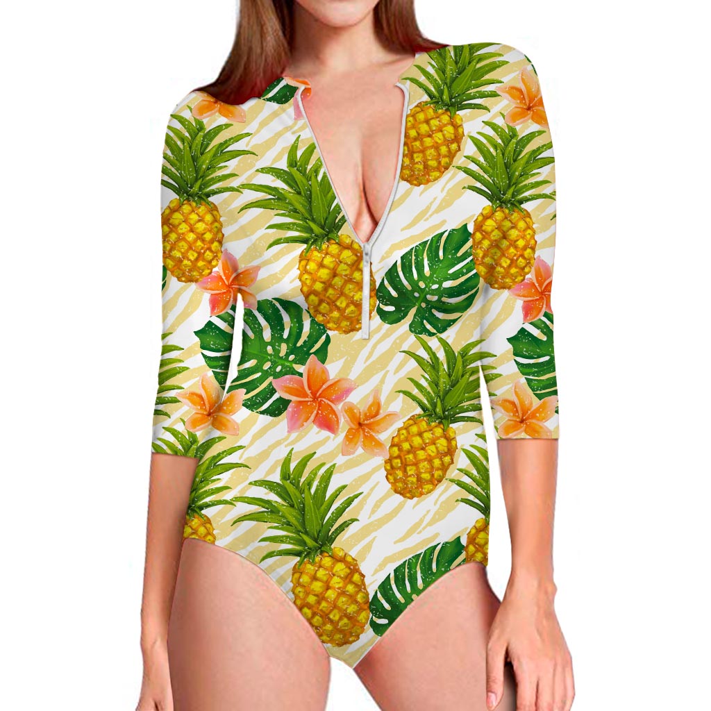 Beige Zebra Pineapple Pattern Print Long Sleeve Swimsuit
