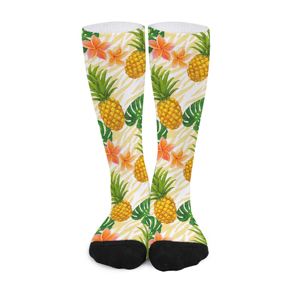 Beige Zebra Pineapple Pattern Print Long Socks