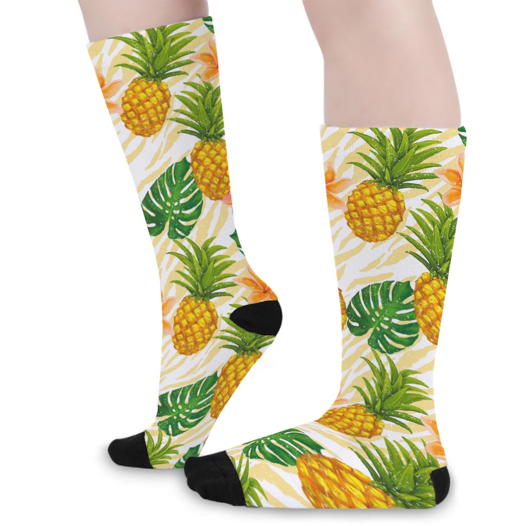 Beige Zebra Pineapple Pattern Print Long Socks