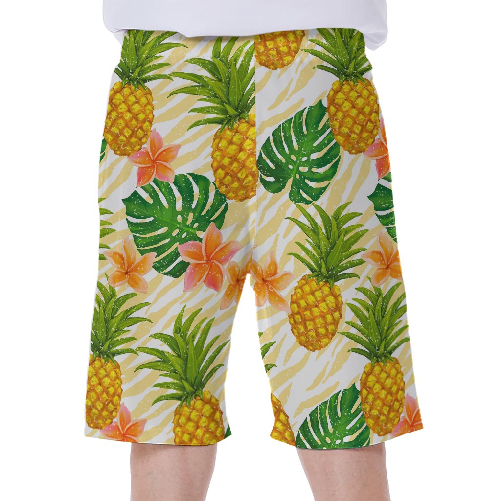 Beige Zebra Pineapple Pattern Print Men's Beach Shorts