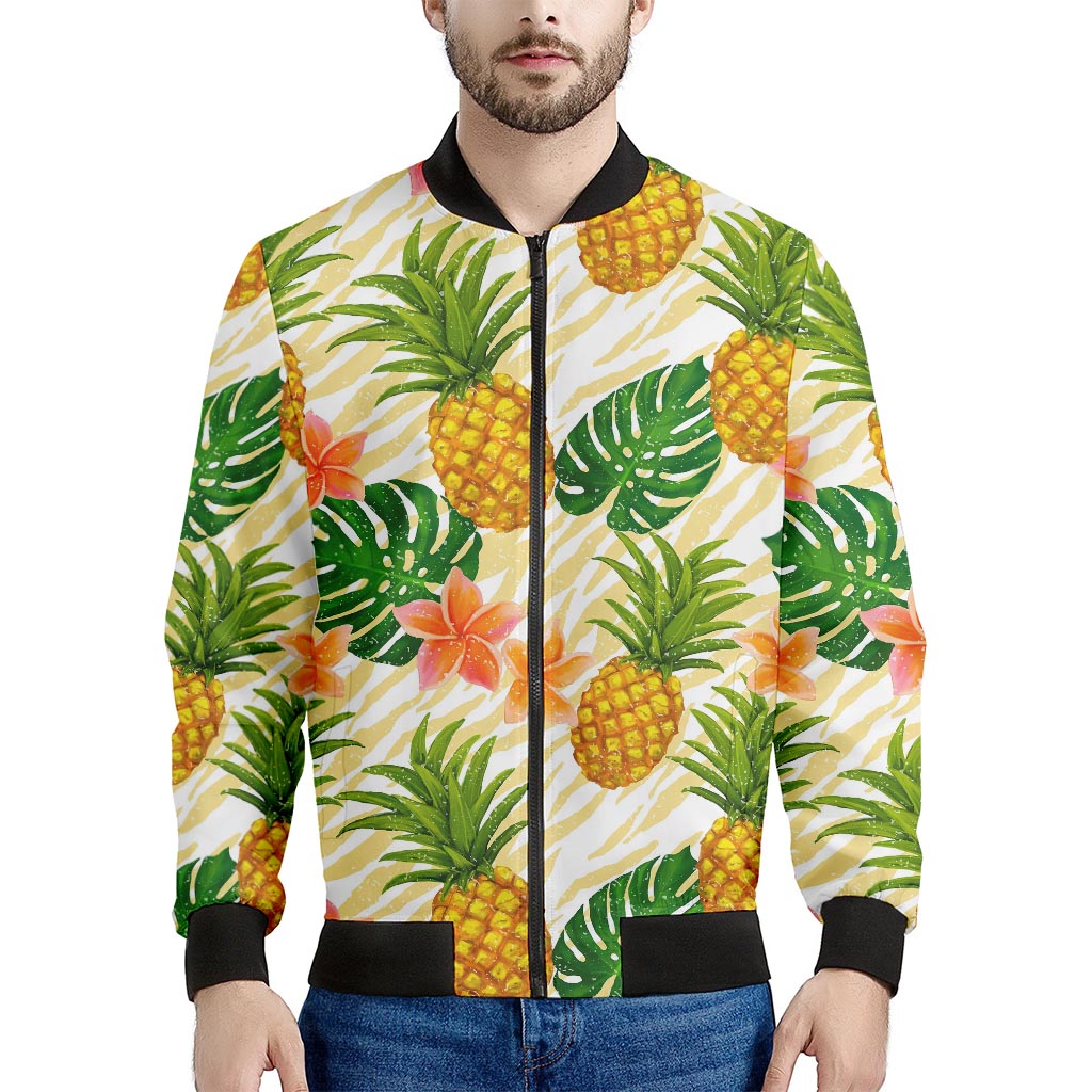 Beige Zebra Pineapple Pattern Print Men's Bomber Jacket