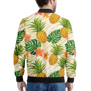 Beige Zebra Pineapple Pattern Print Men's Bomber Jacket