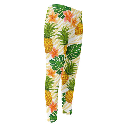Beige Zebra Pineapple Pattern Print Men's Compression Pants