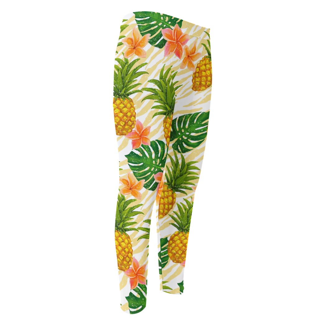 Beige Zebra Pineapple Pattern Print Men's Compression Pants