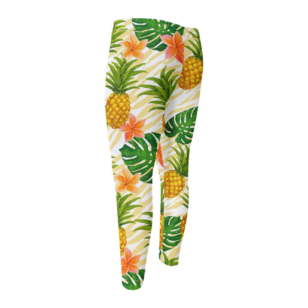 Beige Zebra Pineapple Pattern Print Men's Compression Pants