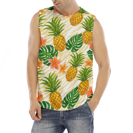 Beige Zebra Pineapple Pattern Print Men's Fitness Tank Top