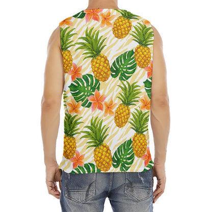 Beige Zebra Pineapple Pattern Print Men's Fitness Tank Top