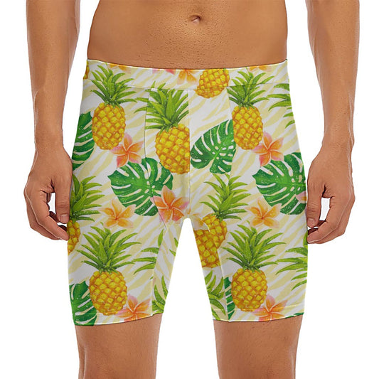 Beige Zebra Pineapple Pattern Print Men's Long Boxer Briefs